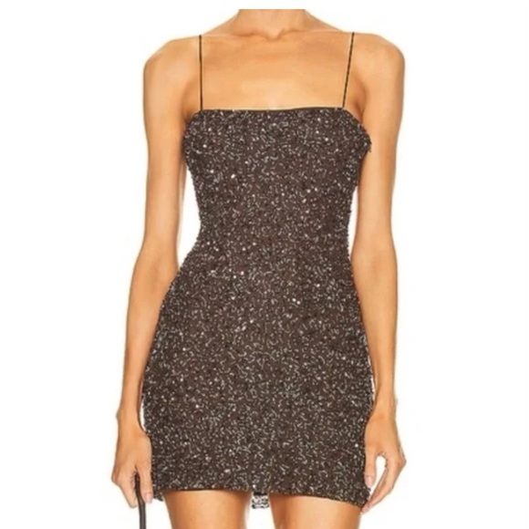 Retrofête Brown Sequin Spaghetti Strap Mini Dress Size L Side Zipper Fully Lined - Picture 3 of 13